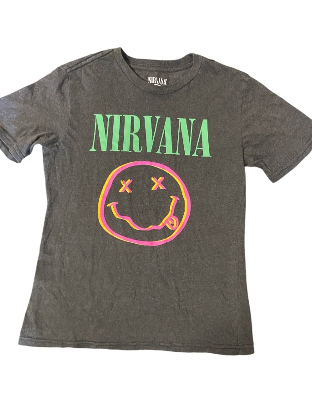 NIRVANA • Grey Tee with Green Logo and Pink/Yellow Smiley • 10/12